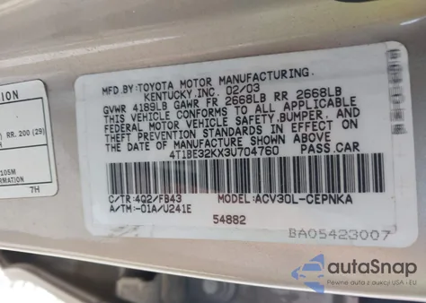 2003 Toyota Camry Le z USA, uszkodzony, nr VIN 4T1BE32KX3U704760